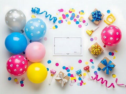 Colorful balloons, gifts, and confetti scattered around a blank white card for a birthday or celebration, festive decorations and presents with ribbons and bows