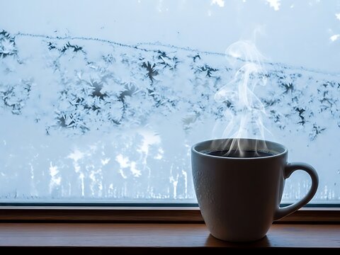 Steaming hot cup of coffee on a windowsill with frosty glass on a cold winter day morning with snow outside
