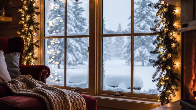 Cozy indoor setting features comfortable armchair with knitted blanket, overlooking snowy winter landscape through window adorned with festive Christmas lights,