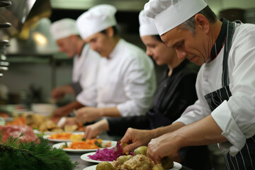 A focused scene of chefs working collaboratively in a bustling kitchen, emphasizing teamwork and culinary skills in preparing delicious dishes for guests.