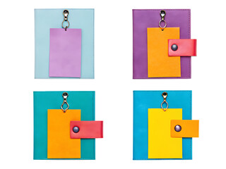Four colorful card holders with tags isolated on white background