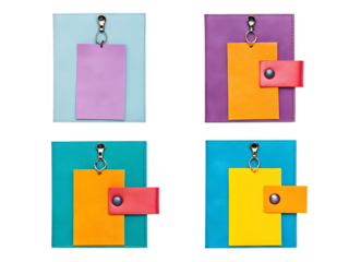 Four colorful card holders with tags isolated on white background