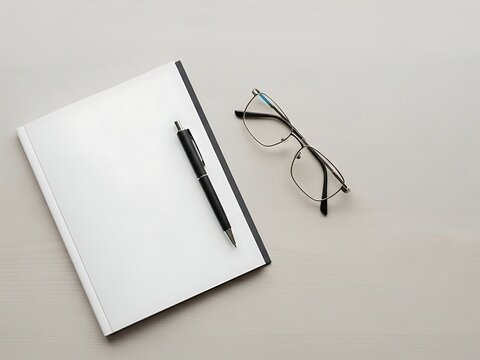 A black pen and eyeglasses rest on a blank white notepad with a gray cover on a light gray wooden desk surface