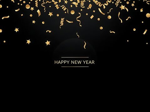 Gold confetti and stars on black background with happy new year text