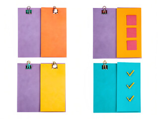 Four colorful note pads with clips isolated on white background