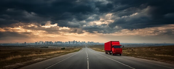 Red semi truck is driving down a long, empty road. The sky is cloudy and the sun is setting