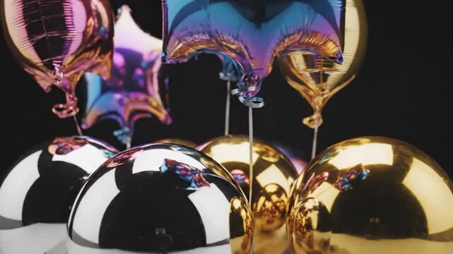 Shiny balloons in various shapes and colors