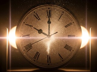 Dramatic close up of an antique clock face with roman numerals illuminated by bright lens flares and sparkling dust particles suggesting the passage of time and cosmic