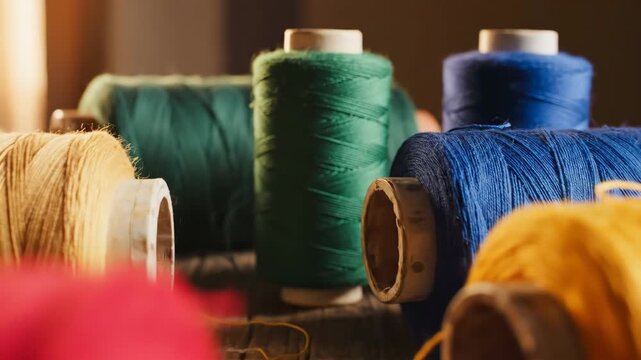 Spools of vibrant colorful thread are arranged, showcasing materials for sewing, crafting, and textile projects. This visual content is ideal for use in instructional or creative video footage.