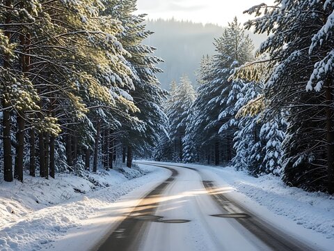 Winding snow covered forest road bathed in sunlight with tall pine trees lining the path and winter landscape in the background