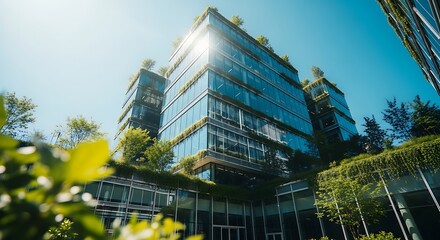Fototapeta premium Modern glass office building with extensive green roof and vertical garden integration under bright sunny sky, emphasizing sustainable architecture