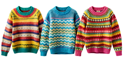 Colorful knitted sweaters with patterns on white isolated on a transparent background
