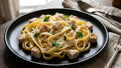 Delicious Fettuccine Alfredo with Grilled Chicken and Fresh Parsley Served on a Dark Plate