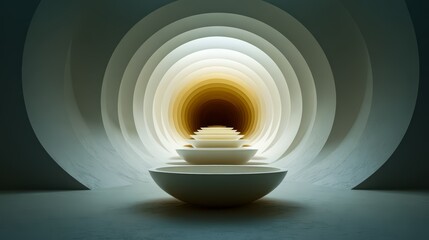 Series of white bowls are arranged in a row, with the center bowl being the largest. The bowls are placed in a hallway