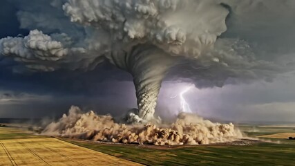 Powerful tornado touching down in open field, kicking up massive dust cloud under dramatic stormy sky with lightning, compelling footage for weather news or educational video. - Powered by Adobe