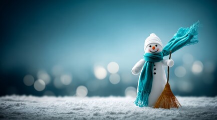 Snowman with a blue scarf and a broom is standing in the snow. The image has a wintery and festive mood
