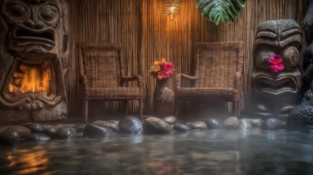 A serene tropical scene with tiki statues, chairs, steam, and a flower arrangement