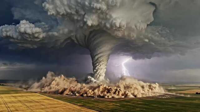 Powerful tornado touching down in open field, kicking up massive dust cloud under dramatic stormy sky with lightning, compelling footage for weather news or educational video.