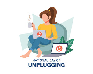 National Day of Unplugging. a black woman is reading a book, the computer is turned off. Concept illustration rejection of gadgets.