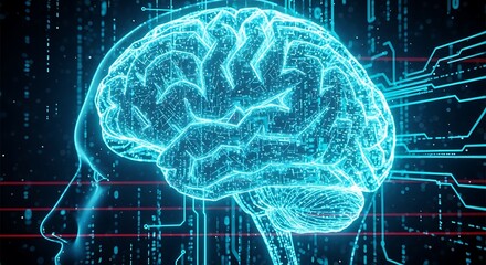 Glowing blue digital representation of a human brain silhouette inside a profile outline, symbolizing artificial intelligence and neural network technology