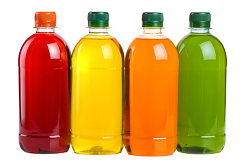 Four colorful bottles of liquid isolated on white background