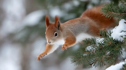 A squirrel is jumping from a tree branch in the snow