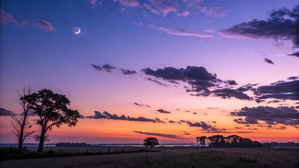 Obraz premium twilight landscape crescent moon colorful sky serene nature sunset horizon peaceful scene