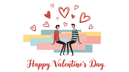 A couple sits on a pastel colored bench surrounded by floating hearts on valentine's day