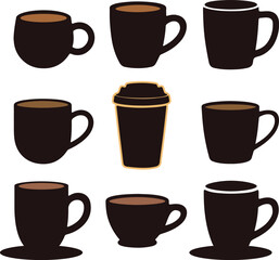 Obraz premium Coffee Cup and Mug Icon Set with Takeaway Cup – Flat Vector Illustration