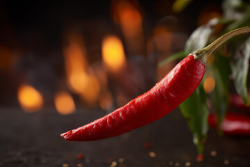 A close-up of a vibrant red chili pepper set against a warm, slightly blurred background, highlighting its fresh, vibrant colors and suggesting a culinary theme of spiciness and flavor.