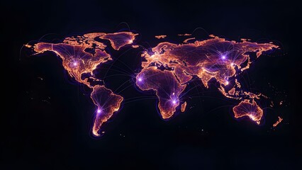 Vibrant digital world map showcasing intricate global network connections and illuminated data pathways spanning across all continents