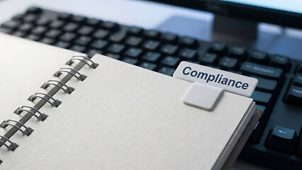 Compliance Concept with Notebook and Keyboard Showing Regulatory Adherence and Business Ethics in a Modern Office Environment