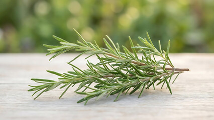 Fresh Rosemary Sprigs on Weathered Wood Surface with Blurred Green Background, Natural Herb Presentation