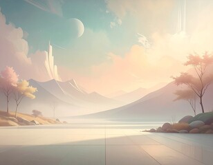 &ldquo;Dreamscape Horizon &ndash; Surreal Pastel Landscape with Celestial Sky and Futuristic Silhouettes&rdquo;