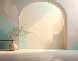 &ldquo;Pastel Light fall &ndash; Minimalist Interior with Arched Sunlight and Delicate Floral Accent&rdquo;
