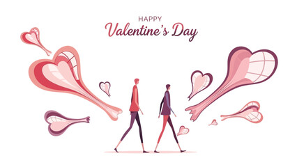Happy valentine's day couple walking together surrounded by pink hearts and love symbols in a romantic illustration