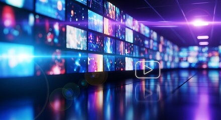 Futuristic digital media wall with glowing screens displaying abstract content in a dark corridor with lens flare effect and play button overlay