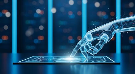 Futuristic glowing digital hand interacting with a transparent tablet interface in a dark blue technological environment