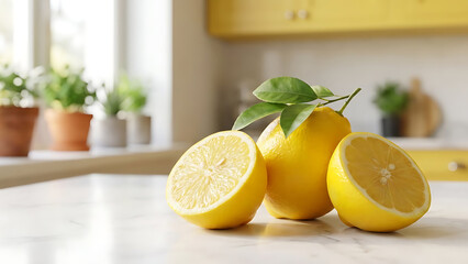 Fresh Lemons and a Slice on a Marble Countertop with a Bright Kitchen Background