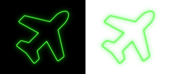 Green neon airplane icon glowing on black and transparent backgrounds, bright travel and aviation outline symbol for navigation and UI design
