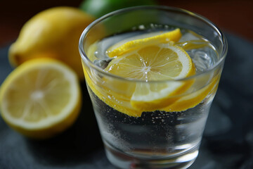 A refreshing glass of lemon water sits elegantly, embellished with vibrant lemon slices and bubbles, evoking feelings of refreshment, health, and summertime delight.