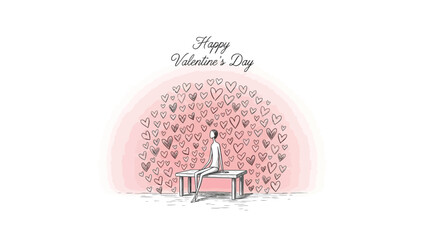 A lonely person sits on a bench with a pink heart background, feeling love and valentine's day