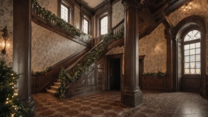 Obraz premium Elegant Grand Staircase in a Historic Mansion Decorated for the Holidays.
