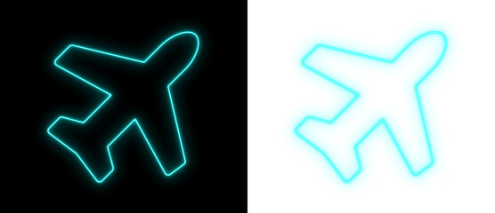 Cyan neon airplane icon glowing on black and transparent backgrounds, bright travel and aviation outline symbol for navigation and UI design
