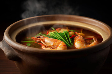 An appetizing bowl of steaming shrimp soup garnished with fresh herbs and spices, inviting the viewer to savor the comforting and warm culinary delight.