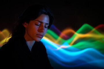 A serene portrait of a woman with her eyes closed, surrounded by vibrant, colorful light waves that symbolize emotional depth and inner reflection in an abstract setting.
