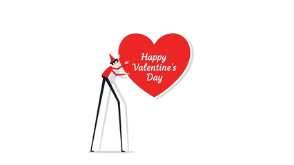 A charming elf man wearing glasses holds a large red heart with a happy valentines day message on a white background