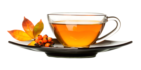 Glass cup of tea on a saucer with autumn leaves and berries on white plate isolated on a transparent background
