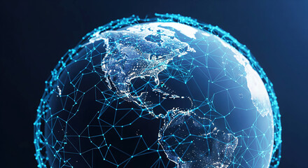Global Business Connectivity Network. Abstract 3D Render of Earth with Blue Technology Lines and Nodes. Digital Communication and International Trade Concept.