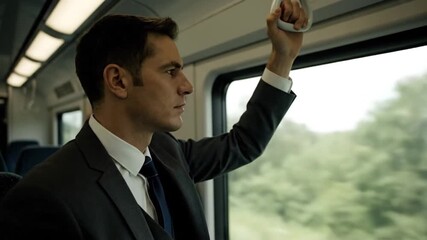 Side profile of businessman on train, gazing out window during daily commute